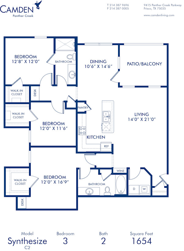Blueprint of Synthesize Floor Plan, 3 Bedrooms and 2 Bathrooms at Camden Panther Creek Apartments in Frisco, TX