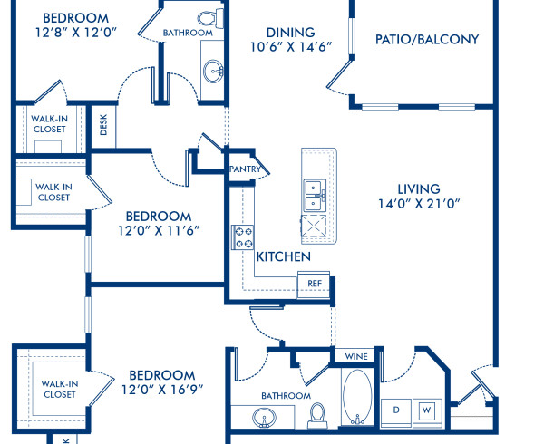 Blueprint of Synthesize Floor Plan, 3 Bedrooms and 2 Bathrooms at Camden Panther Creek Apartments in Frisco, TX