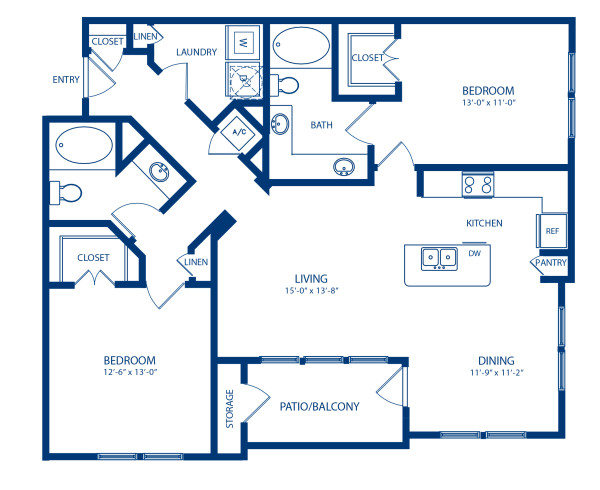 Blueprint of Redwood Floor Plan, 2 Bedrooms and 2 Bathrooms at Camden Cedar Hills Apartments in Austin, TX
