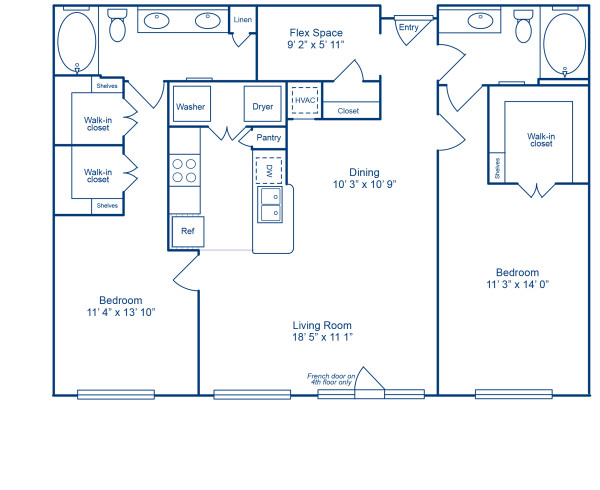 Blueprint of Tucson Floor Plan, 2 Bedrooms and 2 Bathrooms at Camden City Centre Apartments in Houston, TX