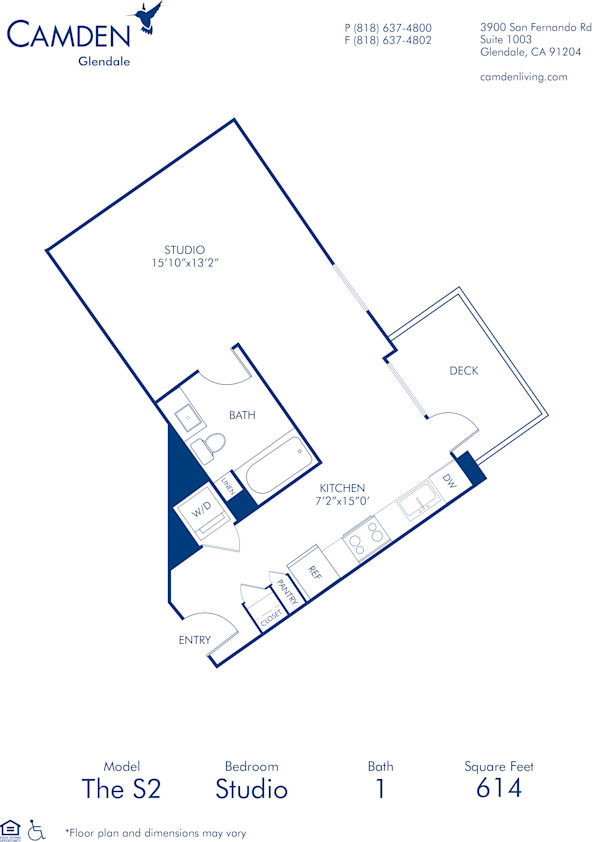  Blueprint of S2 Floor Plan, Studio Apartment Home with 1 Bathroom at Camden Glendale in Glendale, CA