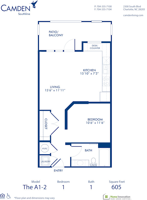 Blueprint of A1-2 Floor Plan, Studio with 1 Bathroom at Camden Southline Apartments in Charlotte, NC