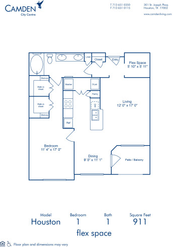 Blueprint of Houston Floor Plan, 1 Bedroom and 1 Bathroom at Camden City Centre Apartments in Houston, TX