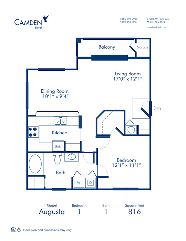 Blueprint of Augusta Floor Plan, 1 Bedroom and 1 Bathroom at Camden Doral Apartments in Doral, FL