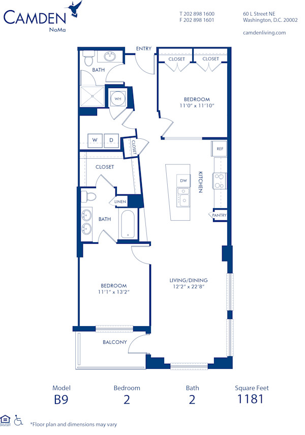 Blueprint of B9 Floor Plan, 2 Bedrooms and 2 Bathrooms at Camden NoMa Apartments in Washington, DC
