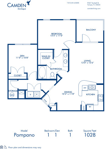 Blueprint of Pompano Floor Plan, 1 Bedroom and 1 Bathroom at Camden Montague Apartments in Tampa, FL