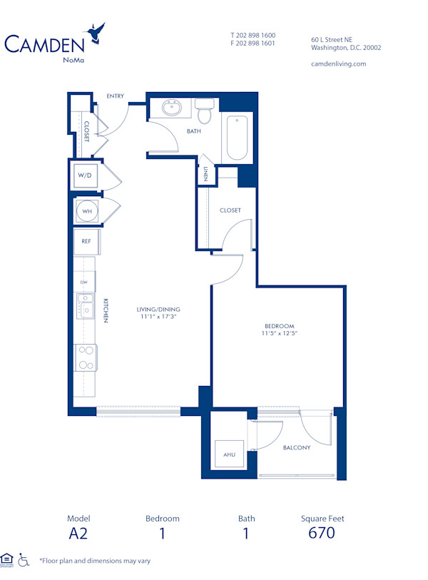 Blueprint of A2 Floor Plan, 1 Bedroom and 1 Bathroom at Camden NoMa Apartments in Washington, DC