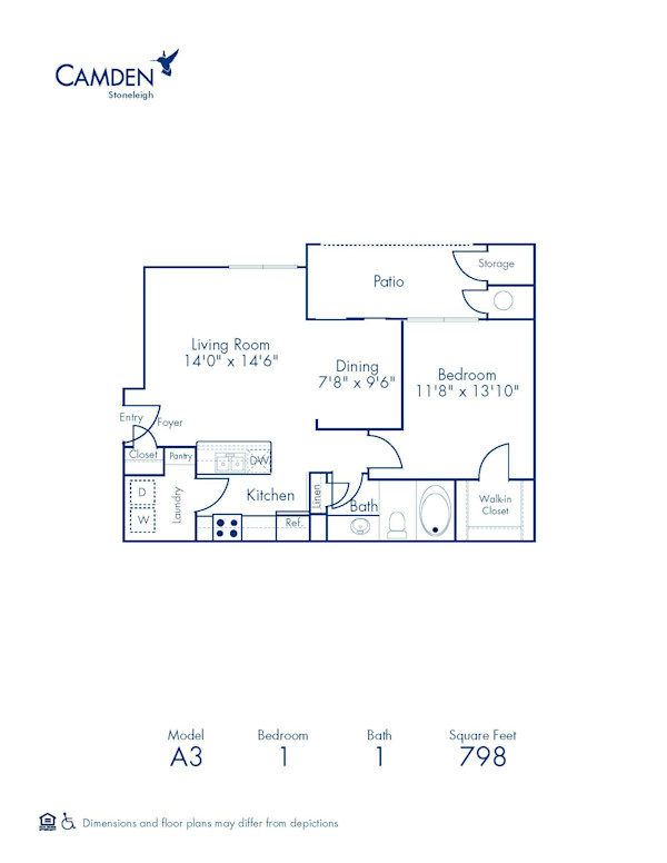 Blueprint of A3 Floor Plan, 1 Bedroom and 1 Bathroom at Camden Stoneleigh Apartments in Austin, TX