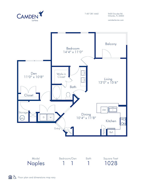 Blueprint of Naples Floor Plan, 1 Bedroom and 1 Bathroom at Camden LaVina Apartments in Orlando, FL