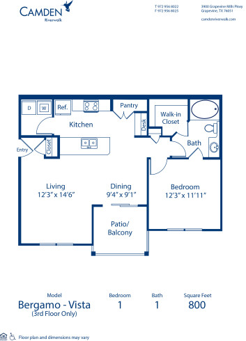Blueprint of Bergamo Vista Floor Plan, 1 Bedroom and 1 Bathroom at Camden Riverwalk Apartments in Grapevine, TX