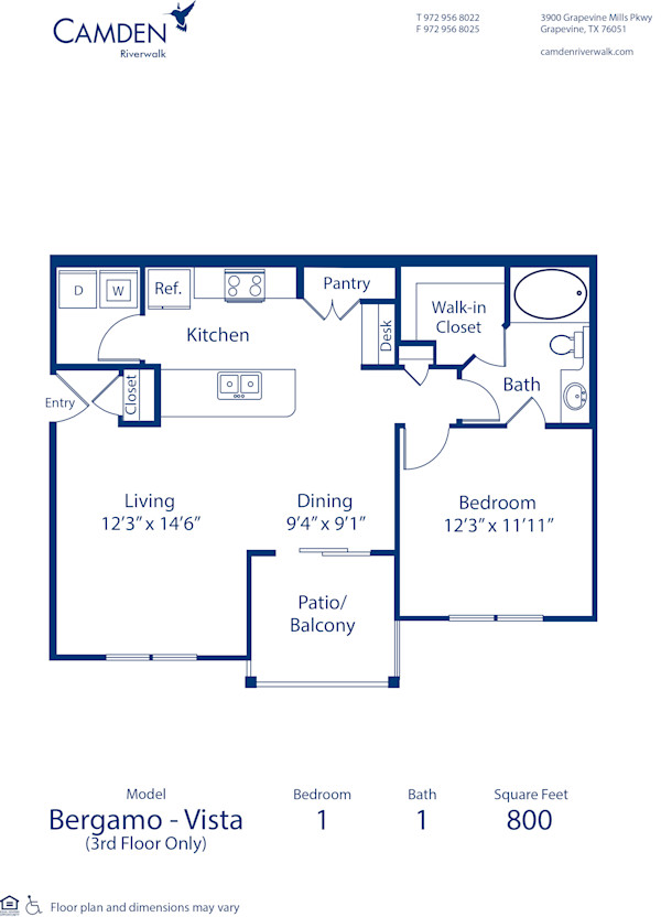 Blueprint of Bergamo Vista Floor Plan, 1 Bedroom and 1 Bathroom at Camden Riverwalk Apartments in Grapevine, TX