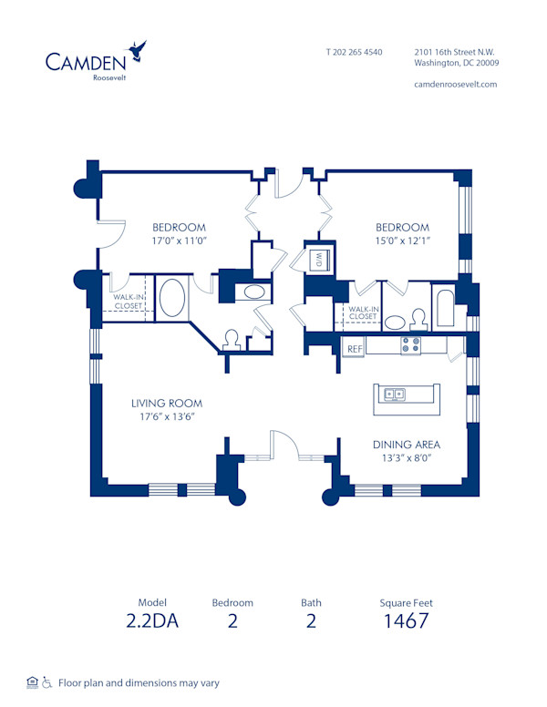 Blueprint of 2.2DA Floor Plan, 2 Bedrooms and 2 Bathrooms at Camden Roosevelt Apartments in Washington, DC
