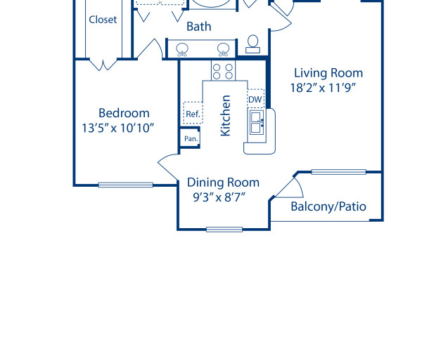 Blueprint of D2 Floor Plan, 1 Bedroom and 1 Bathroom at Camden Greenway Apartments in Houston, TX