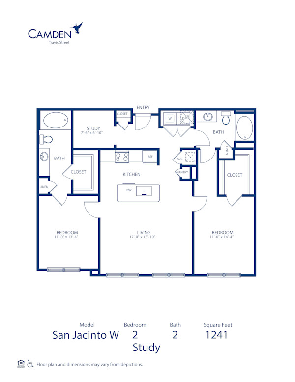 Blueprint of San Jacinto W Floor Plan, 2 Bedrooms and 2 Bathrooms at Camden Travis Street Apartments in Houston, TX