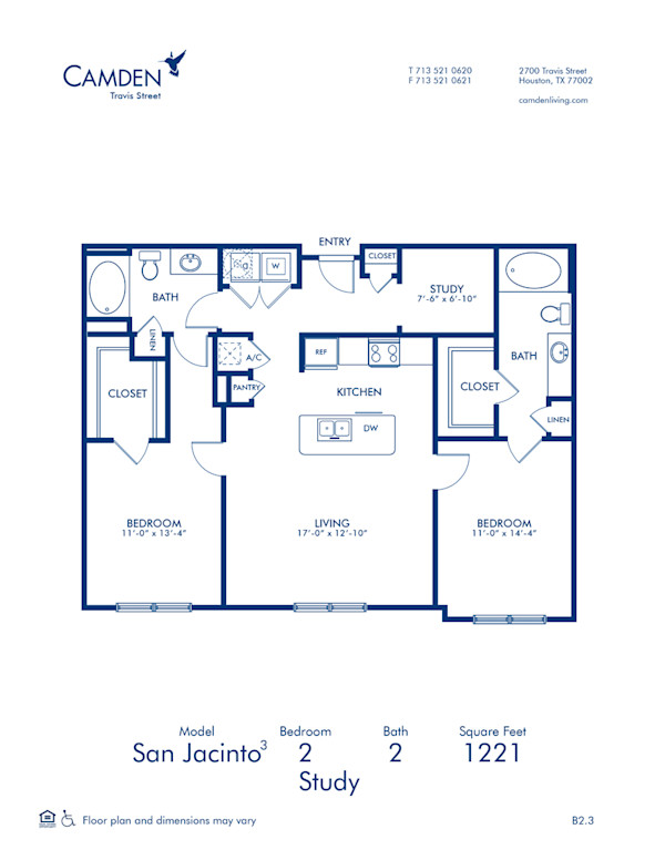 Blueprint of San Jacinto W Floor Plan, 2 Bedrooms and 2 Bathrooms at Camden Travis Street Apartments in Houston, TX