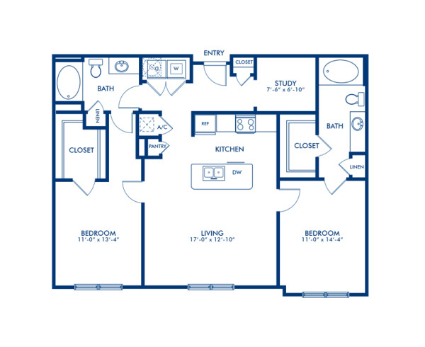 Blueprint of San Jacinto W Floor Plan, 2 Bedrooms and 2 Bathrooms at Camden Travis Street Apartments in Houston, TX