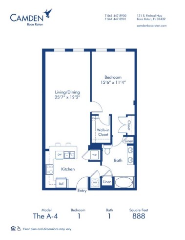 Blueprint of The A-4 Floor Plan, 1 Bedroom and 1 Bathroom at Camden Boca Raton Apartments in Boca Raton, FL