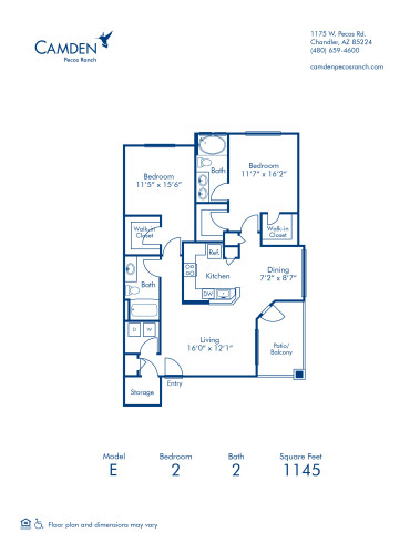 Blueprint of E Floor Plan, 2 Bedrooms and 2 Bathrooms at Camden Pecos Ranch Apartments in Chandler, AZ