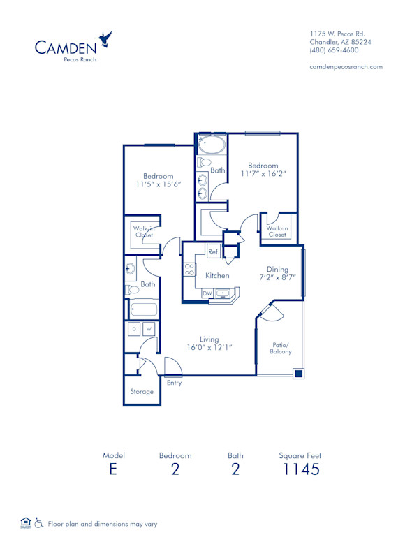 Blueprint of E Floor Plan, 2 Bedrooms and 2 Bathrooms at Camden Pecos Ranch Apartments in Chandler, AZ