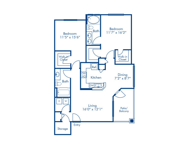 Blueprint of E Floor Plan, 2 Bedrooms and 2 Bathrooms at Camden Pecos Ranch Apartments in Chandler, AZ