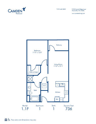 Blueprint of 1.1F Floor Plan, 1 bed, 1 bath at Camden Westwood apartments in Morrisville, NC