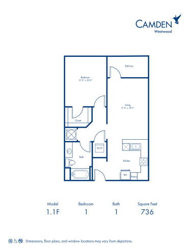 Blueprint of 1.1F Floor Plan, 1 bed, 1 bath at Camden Westwood apartments in Morrisville, NC