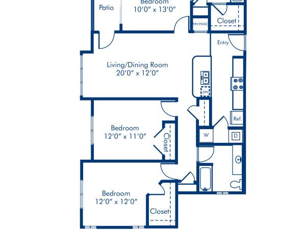 Blueprint of F1 Floor Plan, 3 Bedrooms and 2 Bathrooms at Camden Dilworth Apartments in Charlotte, NC