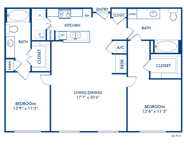 Blueprint of Salem II Floor Plan, 2 Bedrooms and 2 Bathrooms at Camden City Centre II Apartments in Houston, TX