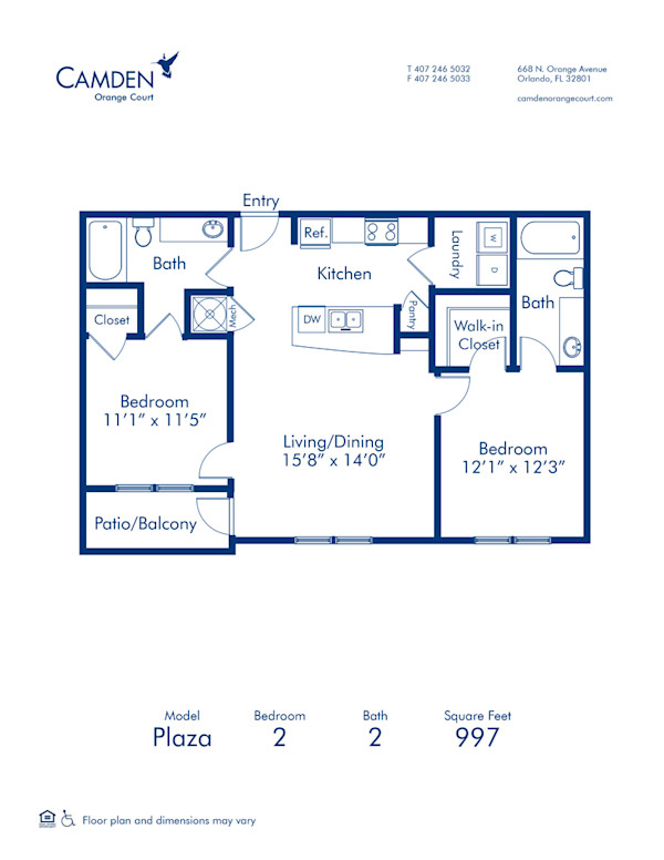 Blueprint of Plaza Floor Plan, 2 Bedrooms and 2 Bathrooms at Camden Orange Court Apartments in Orlando, FL