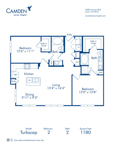 Blueprint of Turkscap Floor Plan, 2 Bedrooms and 2 Bathrooms at Camden Lamar Heights Apartments in Austin, TX