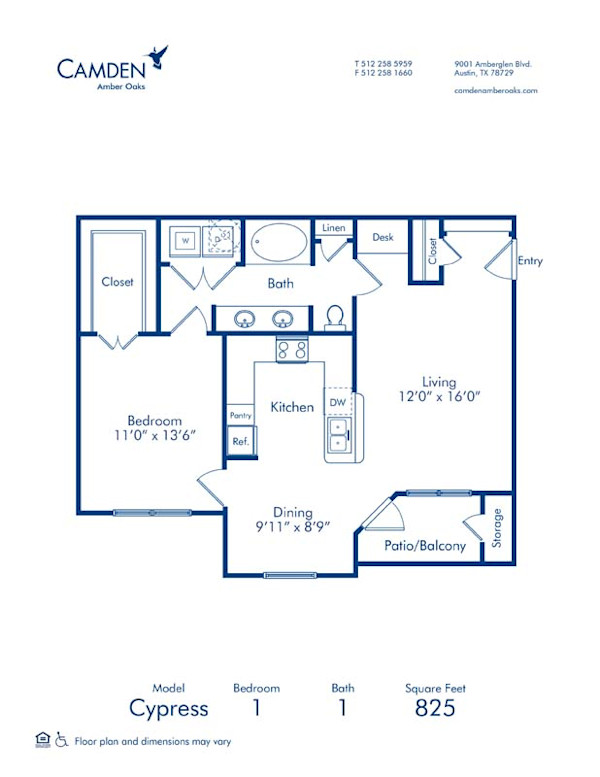 Blueprint of Cypress Floor Plan, 1 Bedroom and 1 Bathroom at Camden Amber Oaks Apartments in Austin, TX