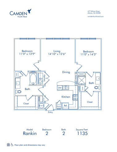 Blueprint of Rankin Floor Plan, 2 Bedrooms and 2 Bathrooms at Camden Fourth Ward Apartments in Atlanta, GA