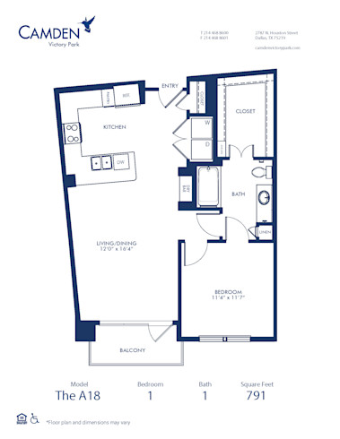 Blueprint of A18 Floor Plan, 1 Bedroom and 1 Bathroom at Camden Victory Park Apartments in Dallas, TX