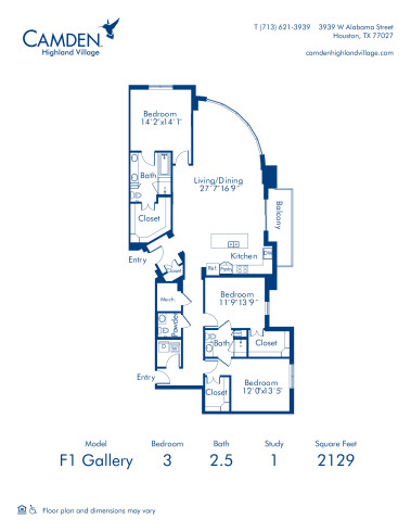 Camden Highland Village apartments in Houston, TX Gallery three bedroom floor plan F1