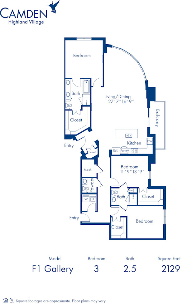 Camden Highland Village apartments in Houston, TX Gallery three bedroom floor plan F1