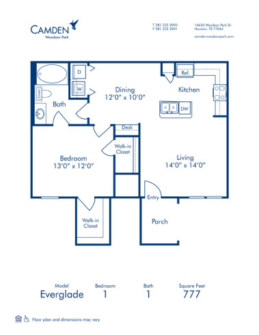 Blueprint of Everglade Floor Plan, 1 Bedroom and 1 Bathroom at Camden Woodson Park Apartments in Houston, TX