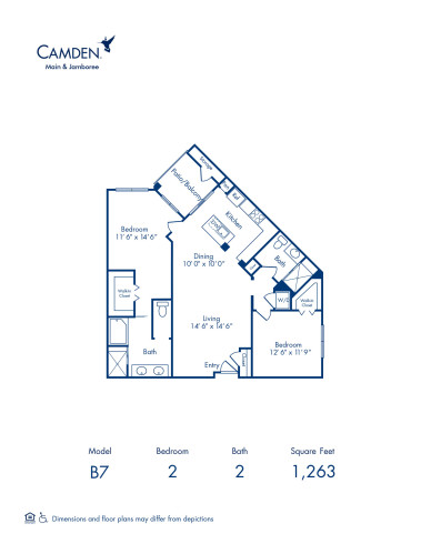 Blueprint of B7 Floor Plan, 2 Bedrooms and 2 Bathrooms at Camden Main and Jamboree Apartments in Irvine, CA