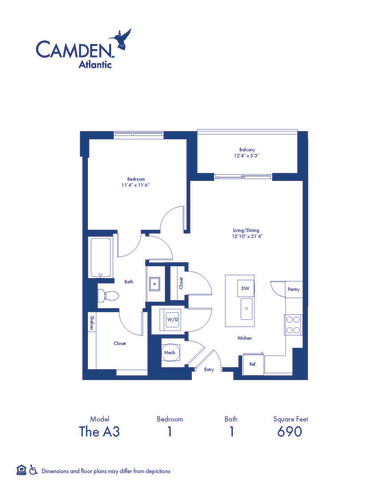 The A3 floor plan, 1 bed, 1 bath apartment home at Camden Atlantic in Plantation, FL