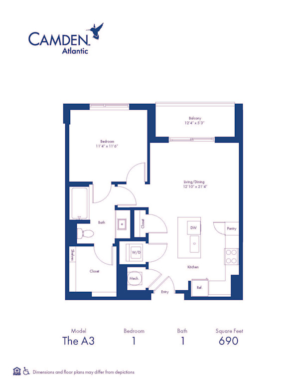 The A3 floor plan, 1 bed, 1 bath apartment home at Camden Atlantic in Plantation, FL