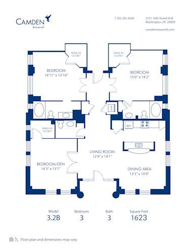 Blueprint of 3.2B Floor Plan, 3 Bedrooms and 2 Bathrooms at Camden Roosevelt Apartments in Washington, DC
