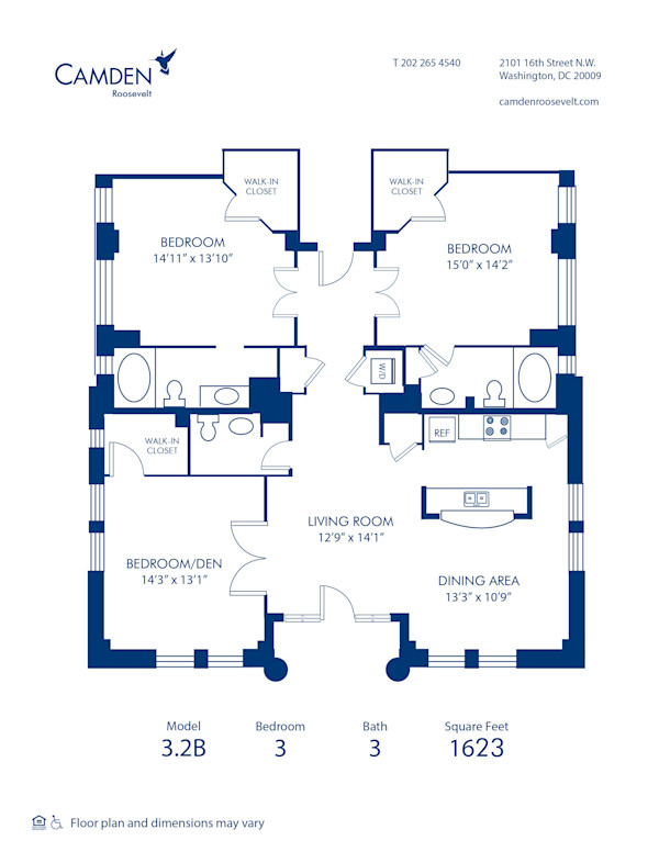 Blueprint of 3.2B Floor Plan, 3 Bedrooms and 2 Bathrooms at Camden Roosevelt Apartments in Washington, DC