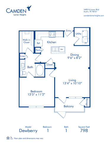 Blueprint of Dewberry Floor Plan, 1 Bedroom and 1 Bathroom at Camden Lamar Heights Apartments in Austin, TX