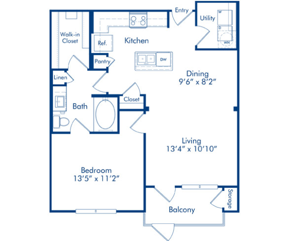 Blueprint of Dewberry Floor Plan, 1 Bedroom and 1 Bathroom at Camden Lamar Heights Apartments in Austin, TX