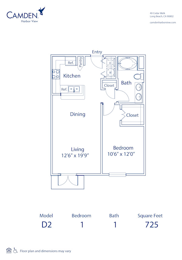 Blueprint of D2 Floor Plan, 1 Bedroom and 1 Bathroom at Camden Harbor View Apartments in Long Beach, CA
