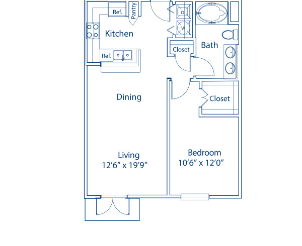 Blueprint of D2 Floor Plan, 1 Bedroom and 1 Bathroom at Camden Harbor View Apartments in Long Beach, CA