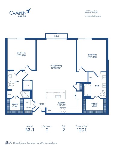 B3-1 floor plan at Camden Franklin Park, 2 bed, 2 bath apartment home