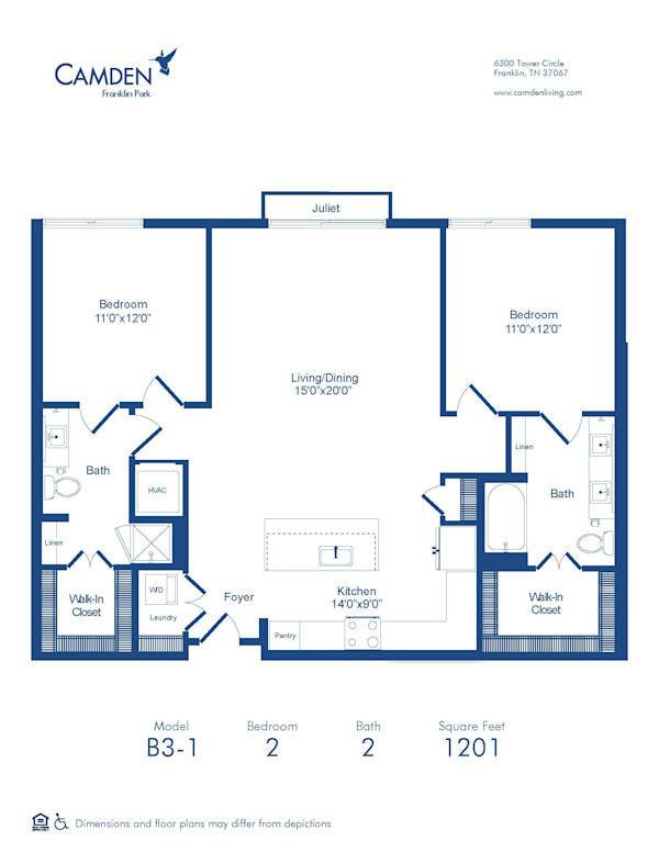 B3-1 floor plan at Camden Franklin Park, 2 bed, 2 bath apartment home