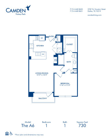 Blueprint of A6 Floor Plan, 1 Bedroom and 1 Bathroom at Camden Victory Park Apartments in Dallas, TX