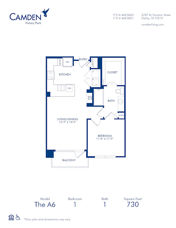 Blueprint of A6 Floor Plan, 1 Bedroom and 1 Bathroom at Camden Victory Park Apartments in Dallas, TX