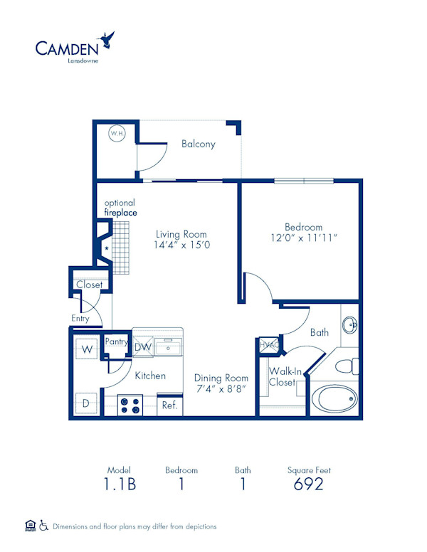 Blueprint of 1.1B Floor Plan, 1 Bedroom and 1 Bathroom at Camden Lansdowne Apartments in Lansdowne, VA